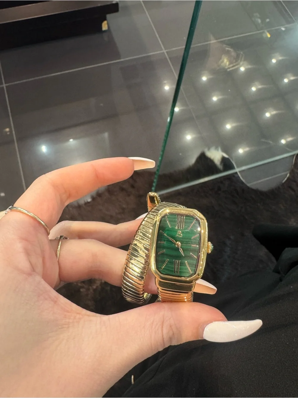 Colleen Lopez Yellow Gold-Tone Tubogas Coil Wrap Watch with Green Malachite Dial